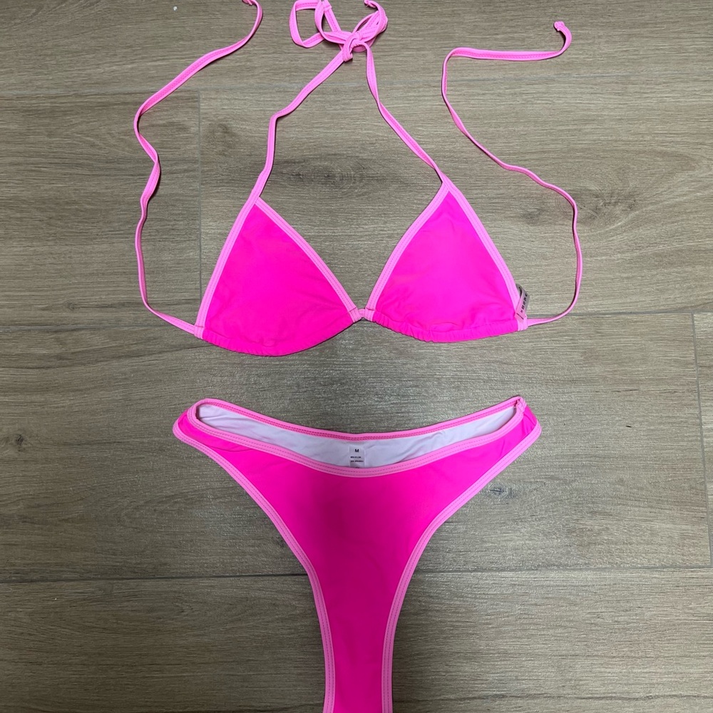 Hot Pink & Baby Pink Trim Triangle Bikini Set - NWT
